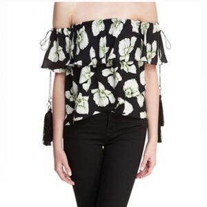 Cinq a Sept Kahlia Off Shoulder Floral Ruffle Silk Top